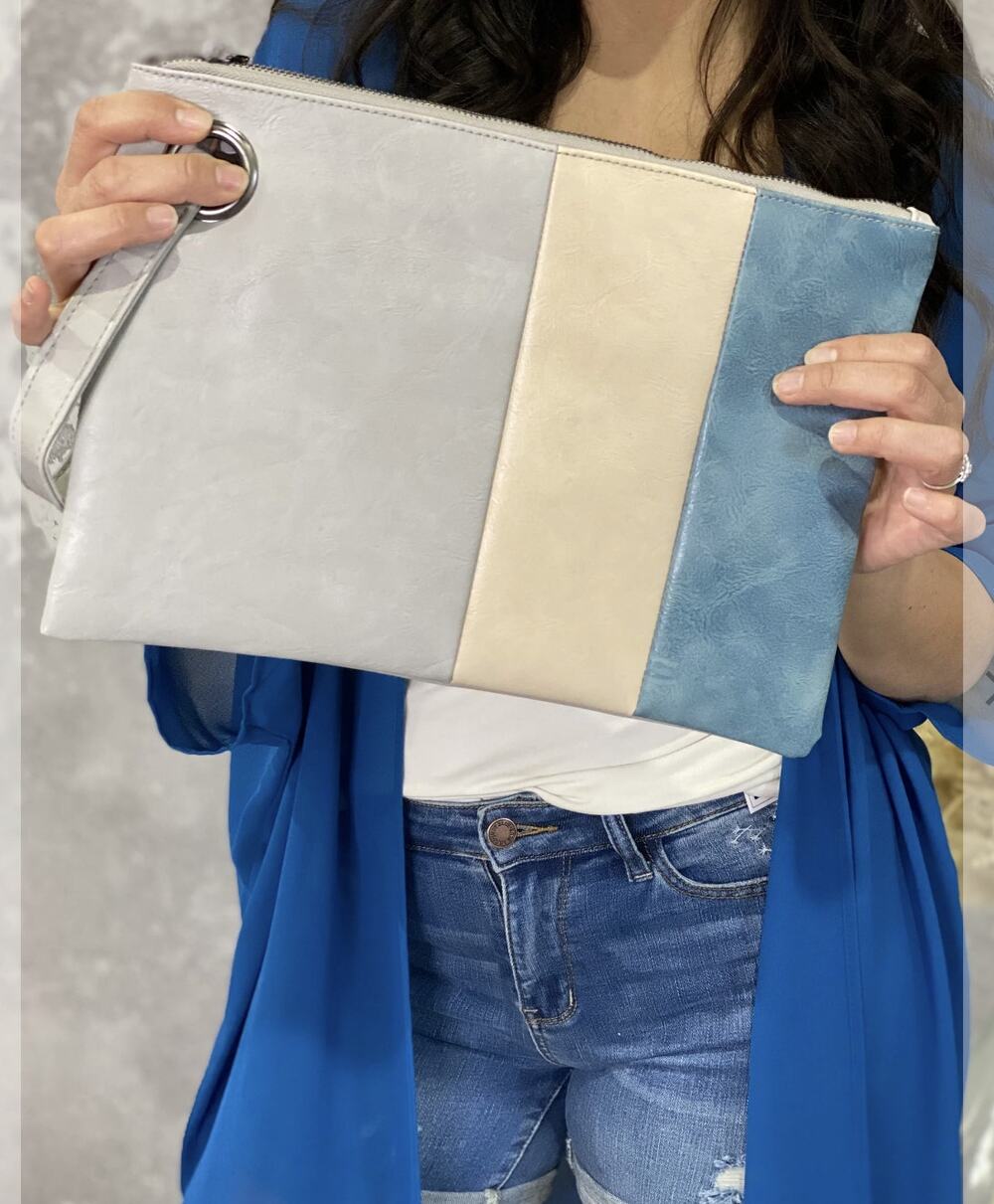 Clutch Bag Gray/Taupe/Blue Wristlet Purse Envelop Chain Handbag Foldover Pouch